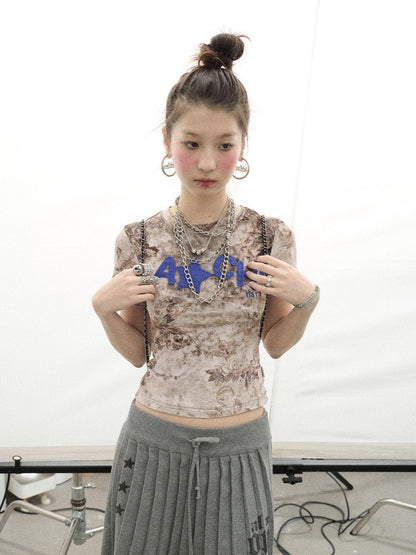Achihara Pinecone Velvet Tee Retro Print Slim Fit Short Sleeve