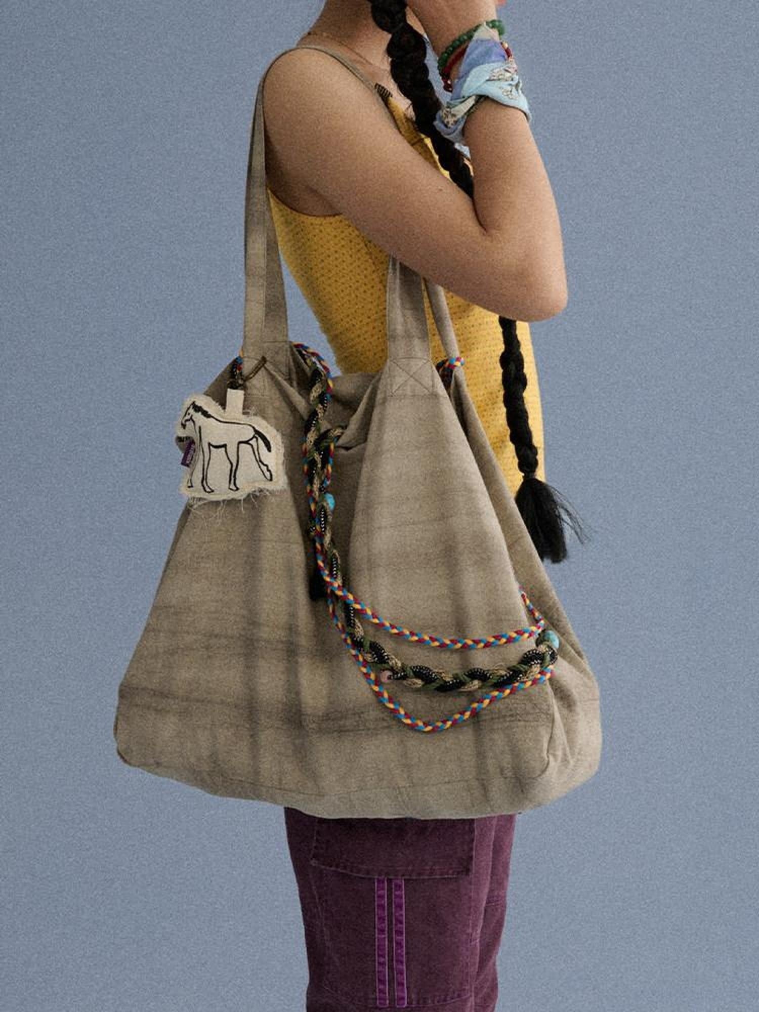 Achihara Pleated Linen Shoulder Tote Trendy Single Strap Casual Youth Solid Handbags