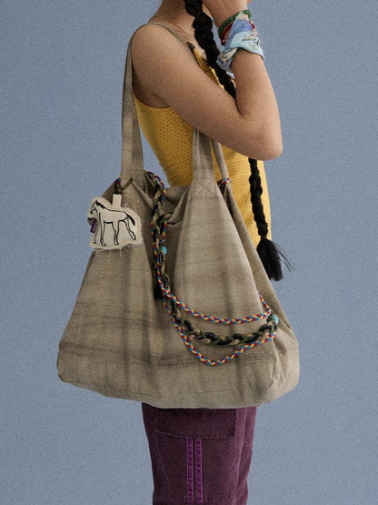 Achihara Pleated Linen Shoulder Tote Trendy Single Strap Casual Youth Solid Handbags