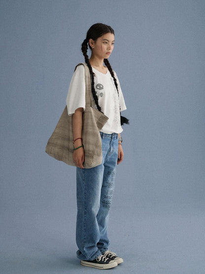 Achihara Pleated Linen Shoulder Tote Trendy Single Strap Casual Youth Solid Handbags