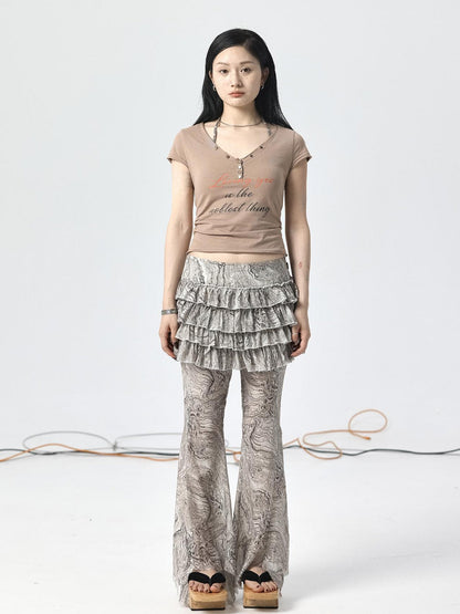 Achihara Pleated Skirt &amp; Flared Pants Set In Blending Colors For All Seasons