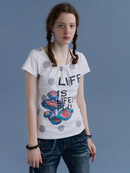 Achihara Polka Dot Mushroom Print Ruched Neck Women&
