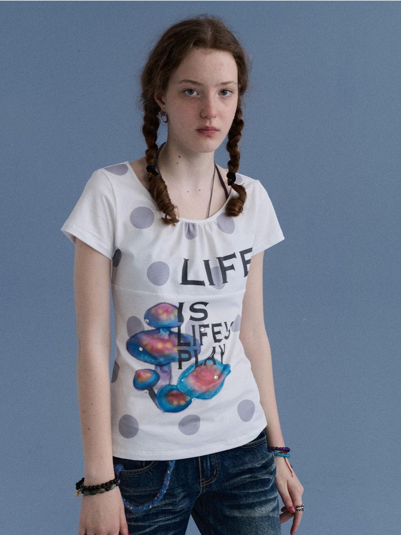 Achihara Polka Dot Mushroom Print Ruched Neck Women&