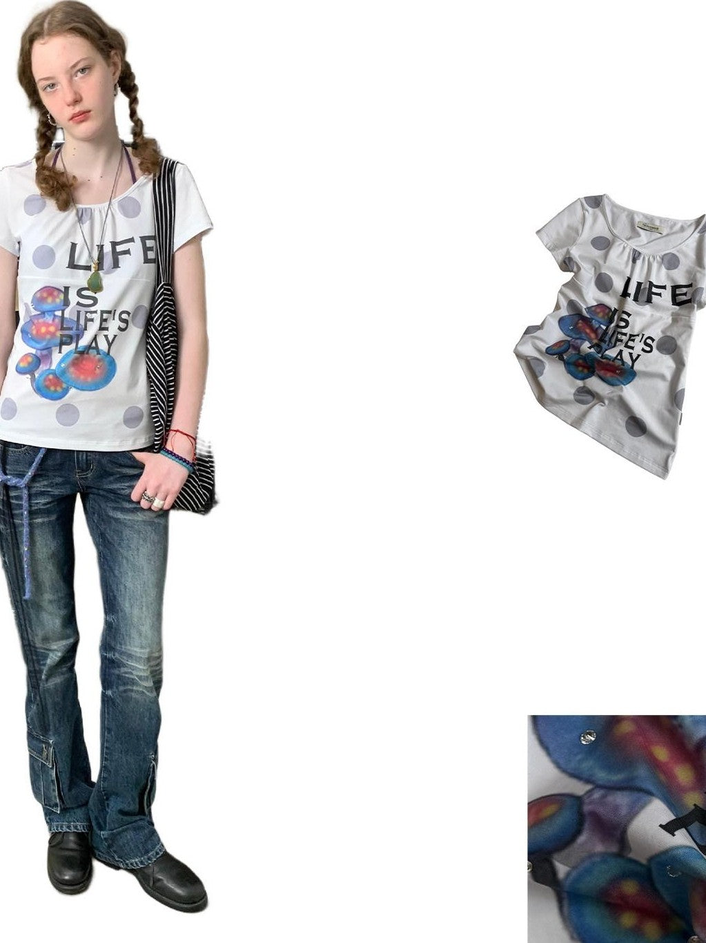 Achihara Polka Dot Mushroom Print Ruched Neck Women&