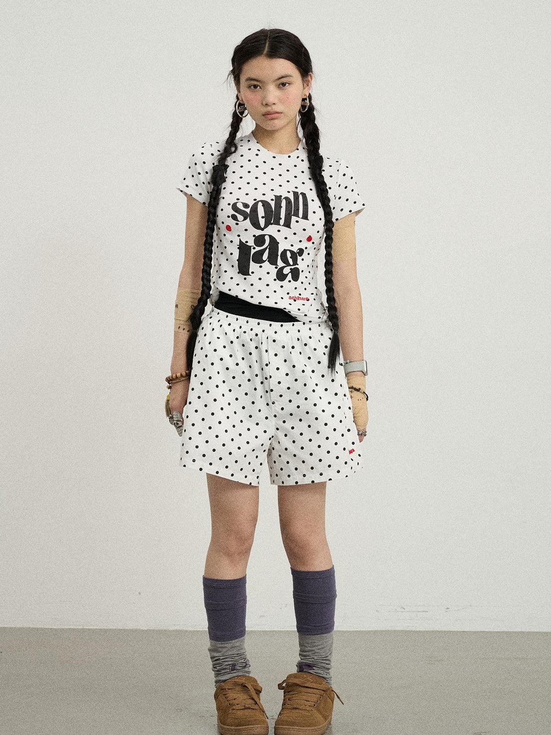 Achihara Polka Dot Wide Leg Shorts Summer White Trousers Casual Short Pants
