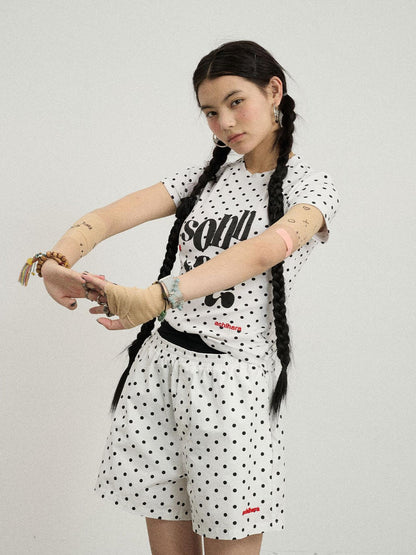 Achihara Polka Dot Wide Leg Shorts Summer White Trousers Casual Short Pants