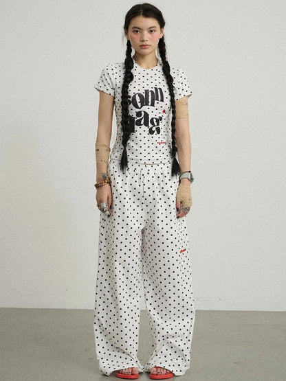 Polka Dot Wide Leg Trousers With Red Embroidery