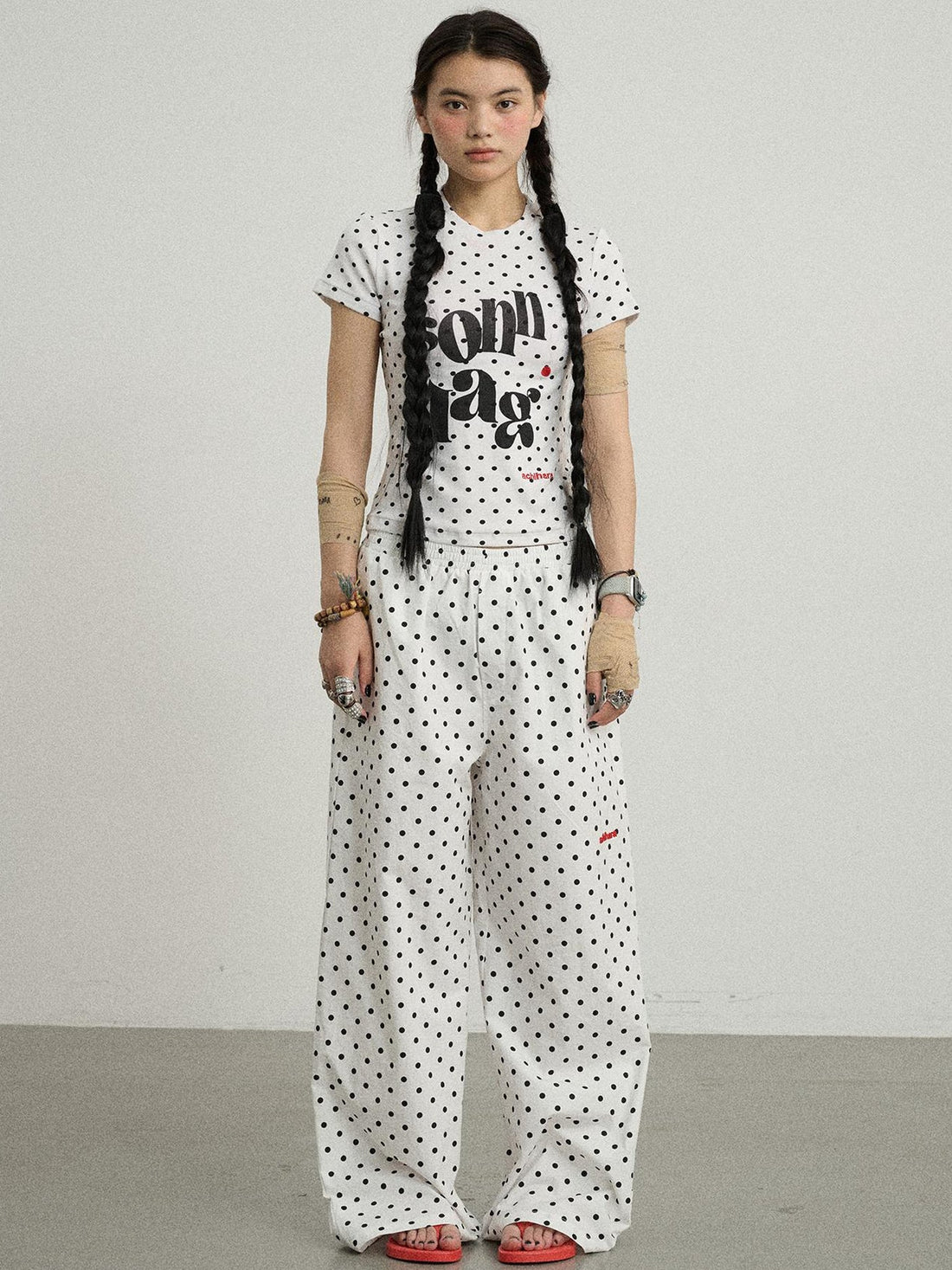 Achihara Polka Dot Wide Leg Trousers With Red Embroidery
