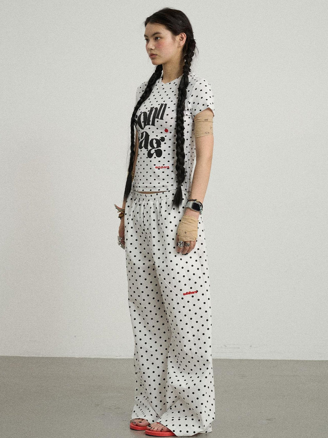Achihara Polka Dot Wide Leg Trousers With Red Embroidery