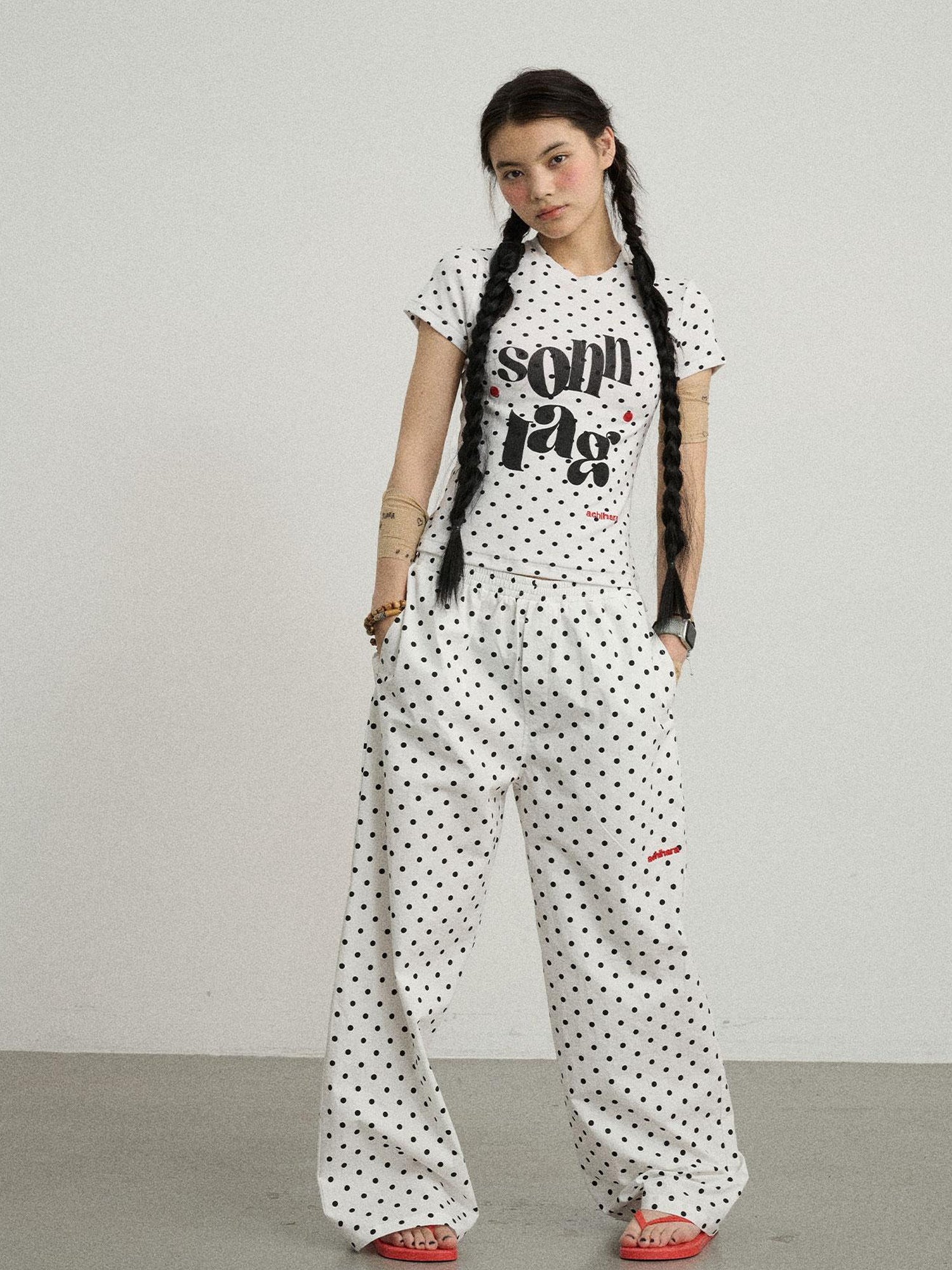 Achihara Polka Dot Wide Leg Trousers With Red Embroidery