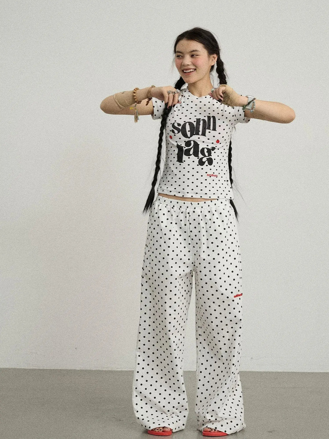 Polka Dot Wide Leg Trousers With Red Embroidery