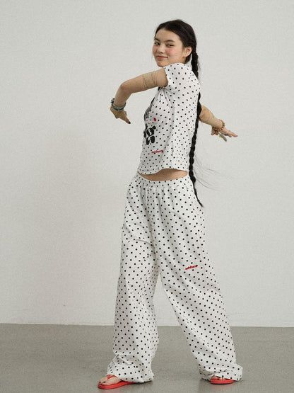 Achihara Polka Dot Wide Leg Trousers With Red Embroidery
