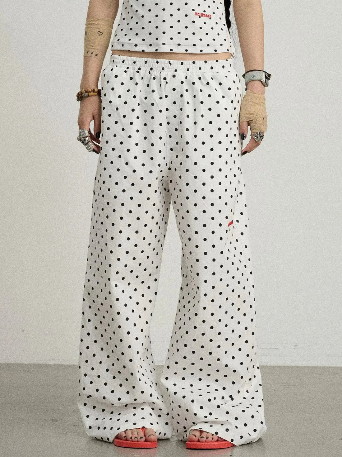 Polka Dot Wide Leg Trousers With Red Embroidery