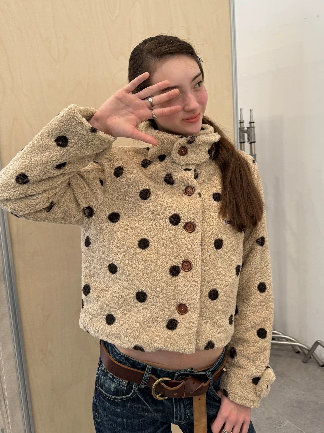 Achihara Polka Dot Zip Lapel Commuter Long Sleeve Regular Fit Women Polyester Jacket