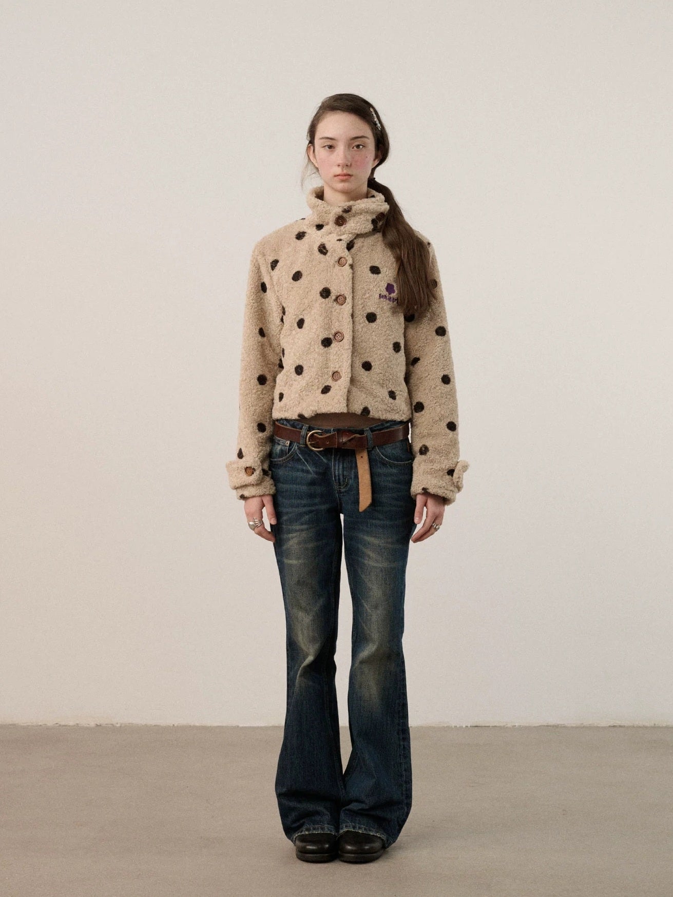 Achihara Polka Dot Zip Lapel Commuter Long Sleeve Regular Fit Women Polyester Jacket