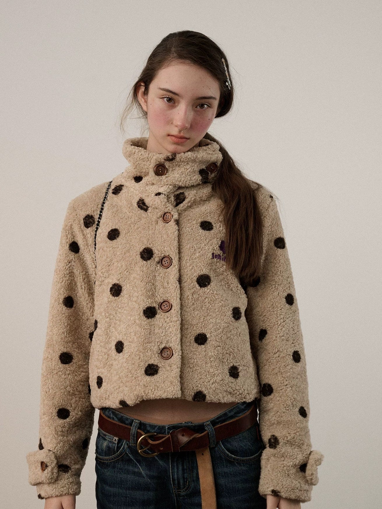 Achihara Polka Dot Zip Lapel Commuter Long Sleeve Regular Fit Women Polyester Jacket