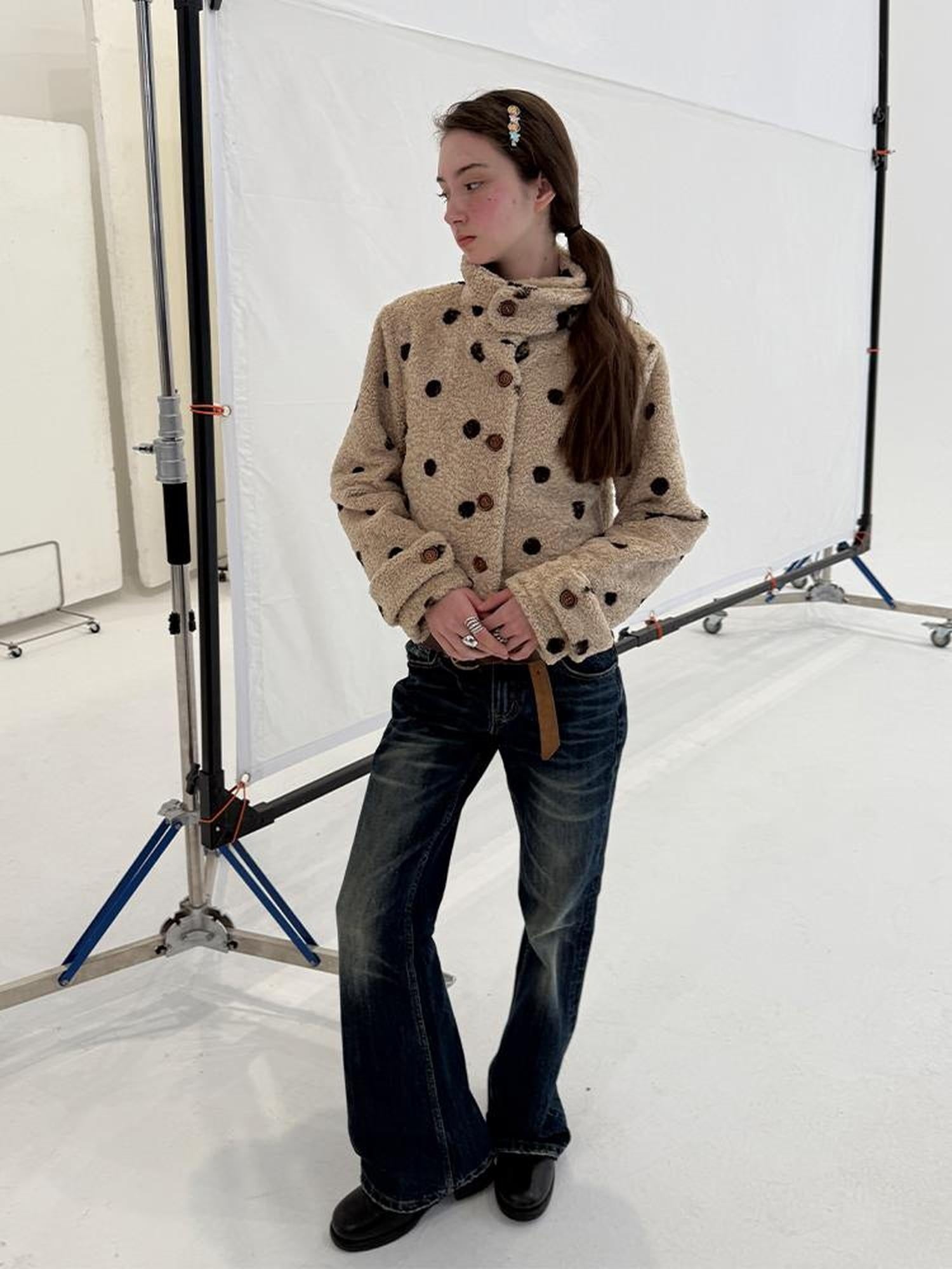 Achihara Polka Dot Zip Lapel Commuter Long Sleeve Regular Fit Women Polyester Jacket