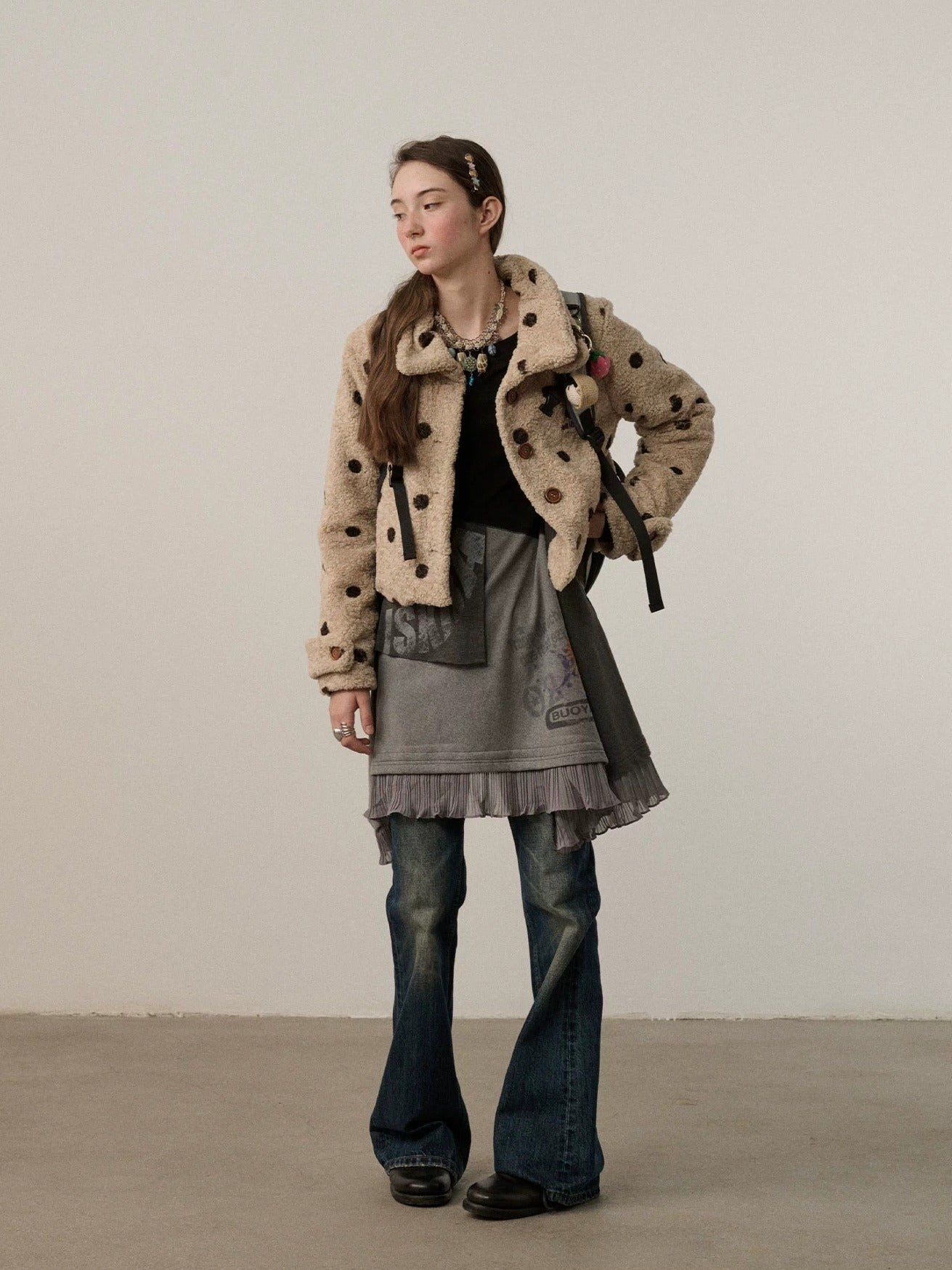 Achihara Polka Dot Zip Lapel Commuter Long Sleeve Regular Fit Women Polyester Jacket