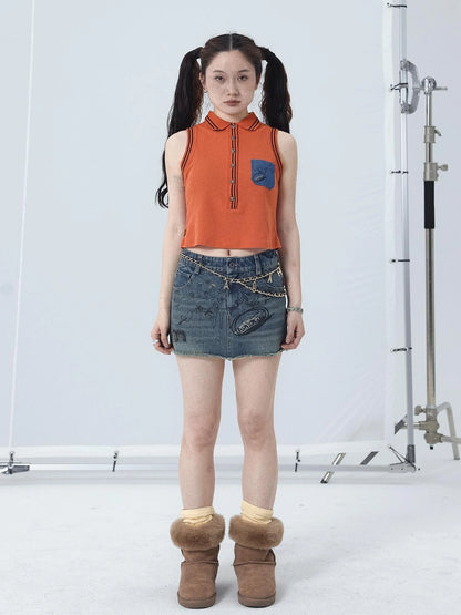Polo Collar Vest Dress Summer Autumn Sleeveless Top