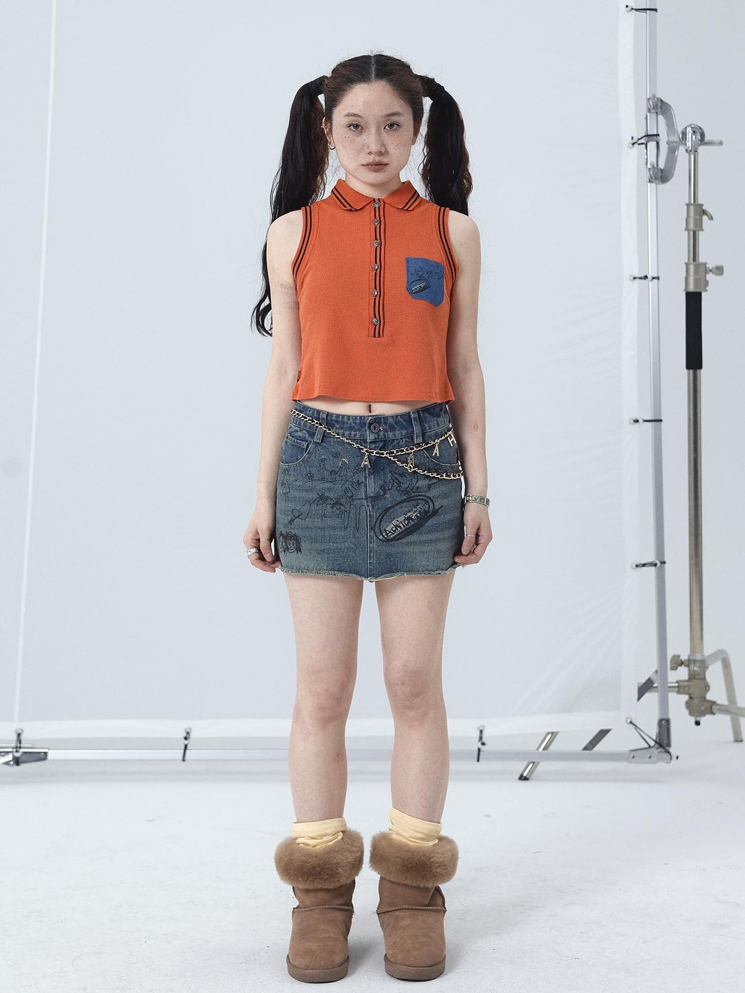 Achihara Polo Collar Vest Dress Summer Autumn Sleeveless Top