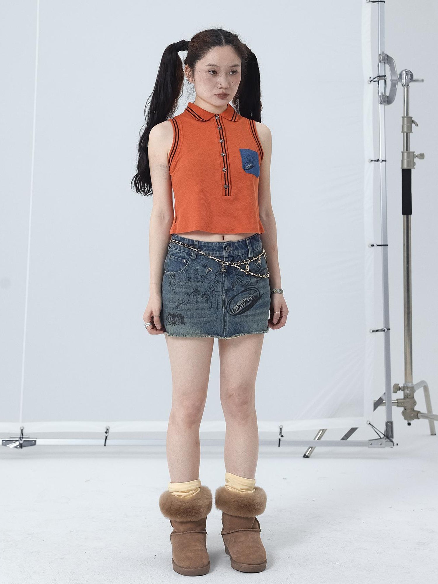 Achihara Polo Collar Vest Dress Summer Autumn Sleeveless Top