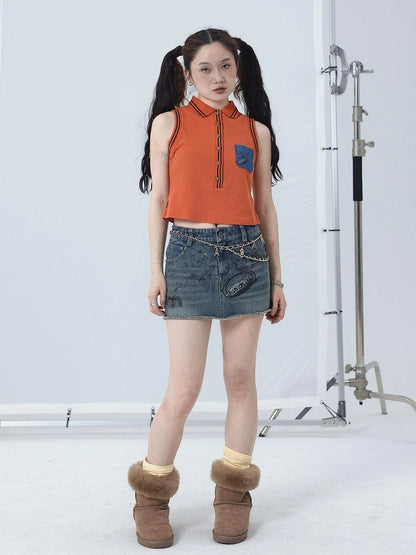 Polo Collar Vest Dress Summer Autumn Sleeveless Top