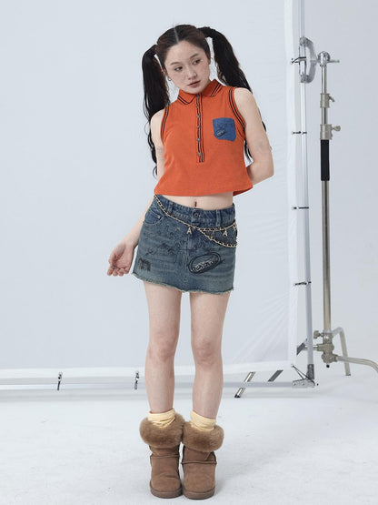 Achihara Polo Collar Vest Dress Summer Autumn Sleeveless Top