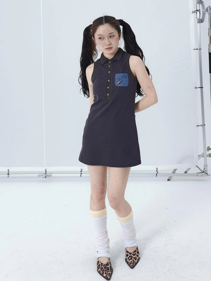 Polo Collar Vest Dress Summer Autumn Sleeveless Top