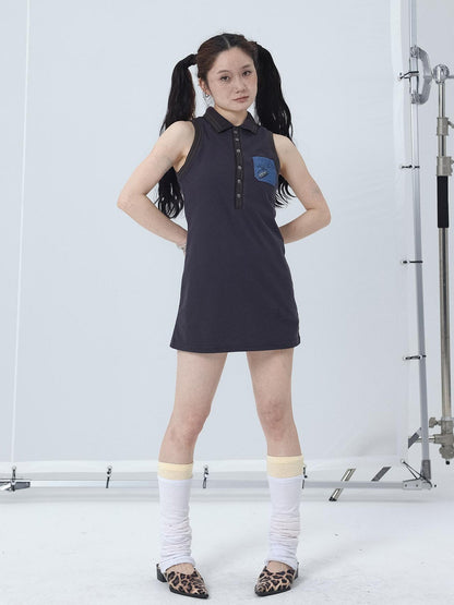 Achihara Polo Collar Vest Dress Summer Autumn Sleeveless Top