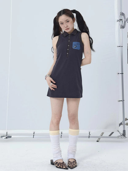 Polo Collar Vest Dress Summer Autumn Sleeveless Top