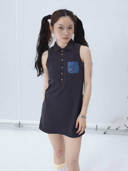 Achihara Polo Collar Vest Dress Summer Autumn Sleeveless Top