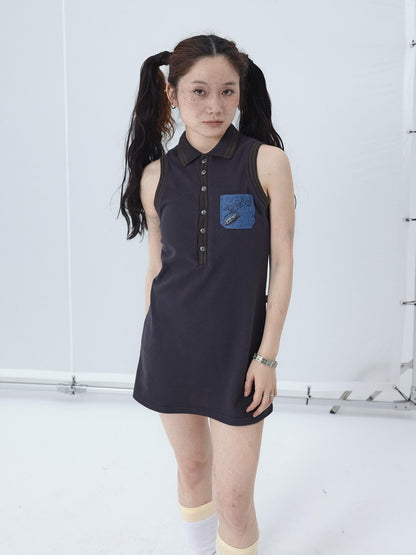 Achihara Polo Collar Vest Dress Summer Autumn Sleeveless Top