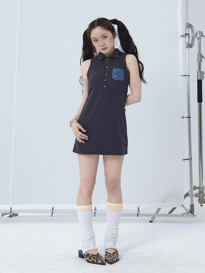 Polo Collar Vest Dress Summer Autumn Sleeveless Top