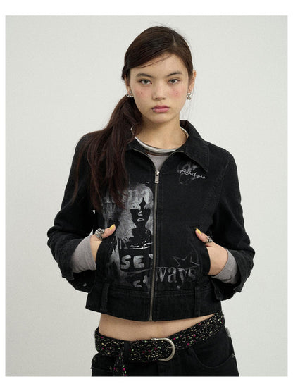 Achihara Print Fleece Lined Stand Collar Cotton Denim Women&