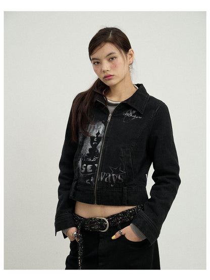 Achihara Print Fleece Lined Stand Collar Cotton Denim Women&