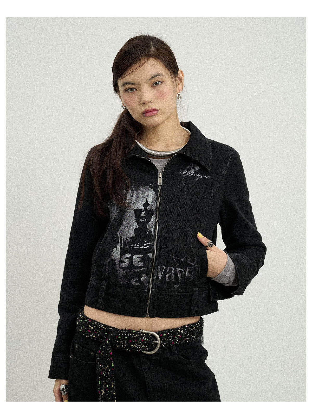 Achihara Print Fleece Lined Stand Collar Cotton Denim Women&