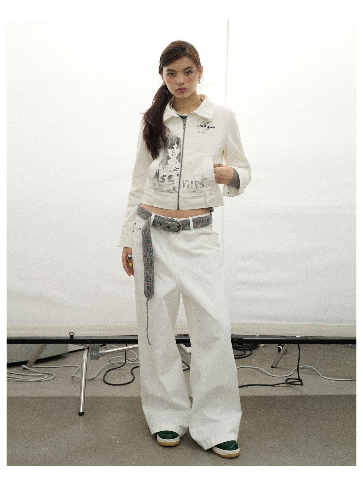 Achihara Print Fleece Lined Stand Collar Cotton Denim Women&