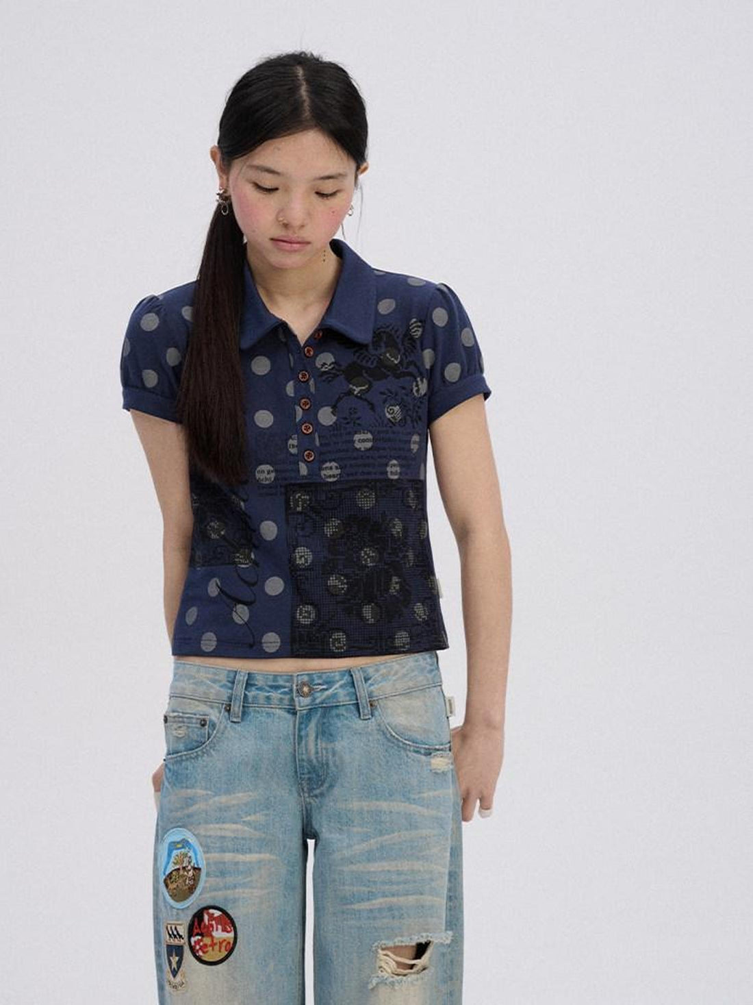 Achihara Printed Slim Polo Collar Casual Navy Cotton Blend Short Sleeve T-Shirts