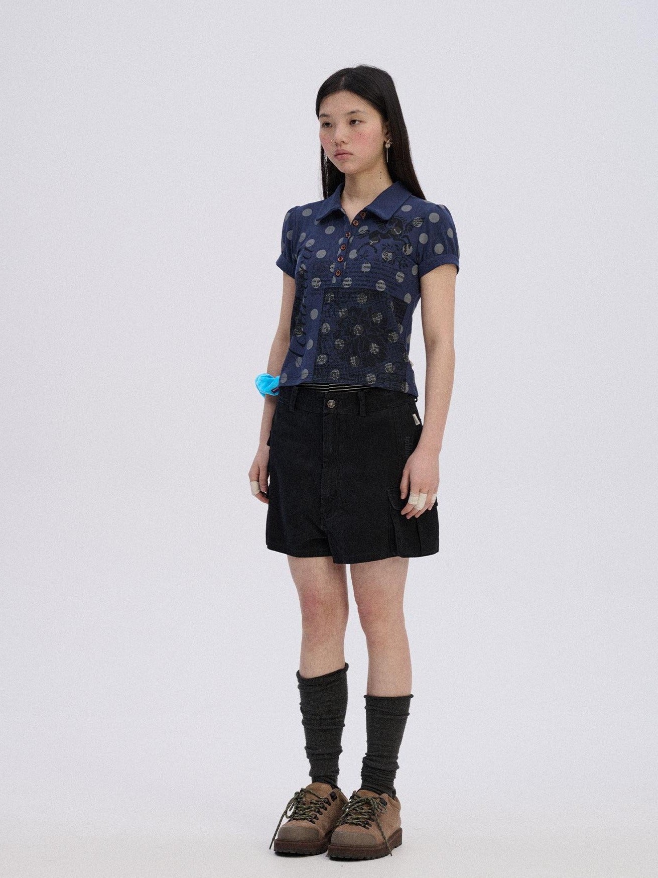 Achihara Printed Slim Polo Collar Casual Navy Cotton Blend Short Sleeve T-Shirts