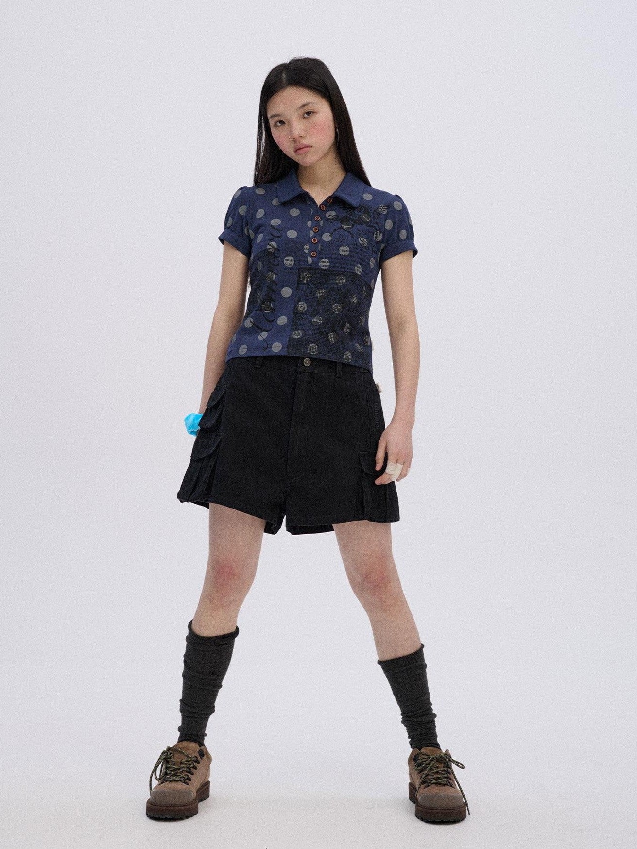 Achihara Printed Slim Polo Collar Casual Navy Cotton Blend Short Sleeve T-Shirts