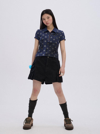 Achihara Printed Slim Polo Collar Casual Navy Cotton Blend Short Sleeve T-Shirts