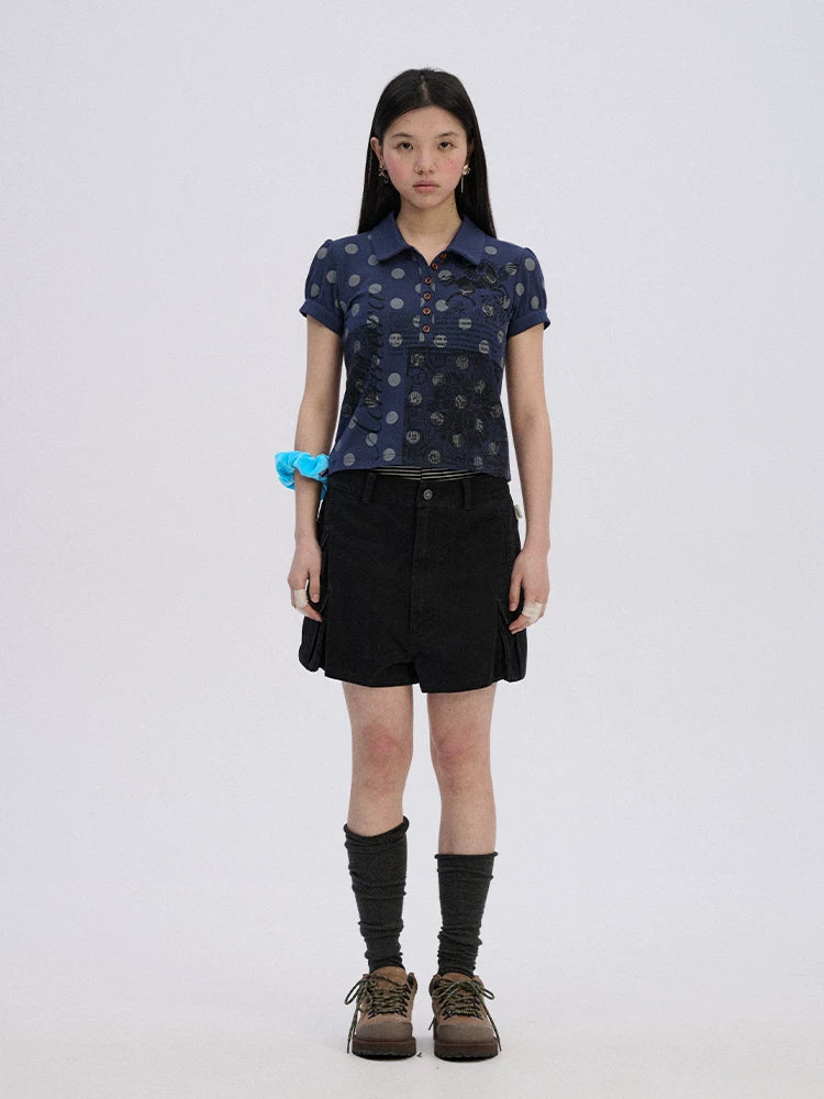 Achihara Printed Slim Polo Collar Casual Navy Cotton Blend Short Sleeve T-Shirts-1