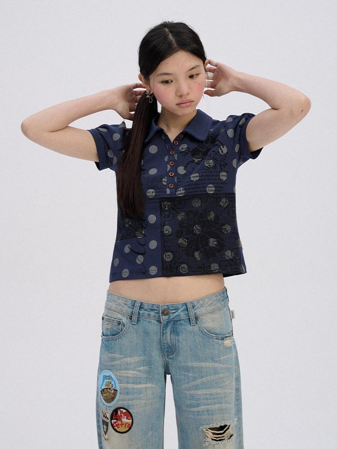 Achihara Printed Slim Polo Collar Casual Navy Cotton Blend Short Sleeve T-Shirts