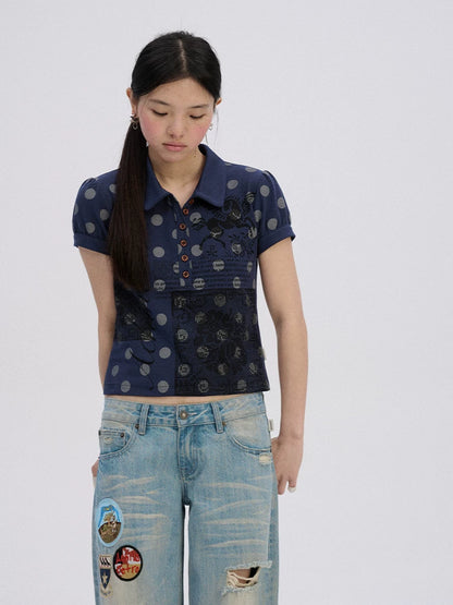 Achihara Printed Slim Polo Collar Casual Navy Cotton Blend Short Sleeve T-Shirts-2