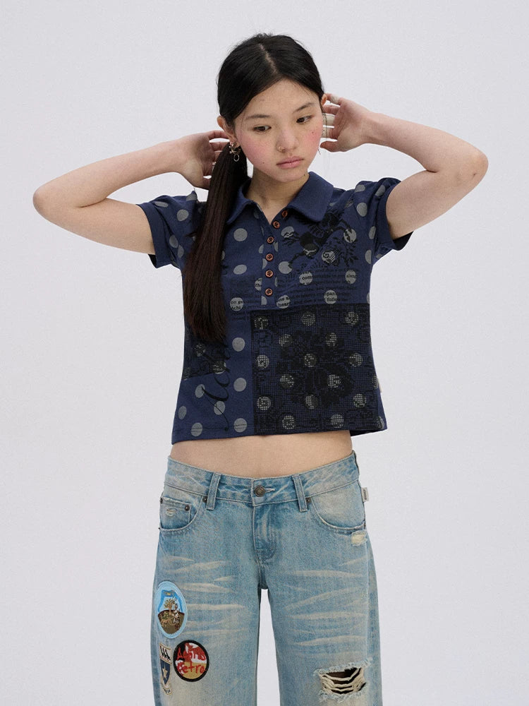 Achihara Printed Slim Polo Collar Casual Navy Cotton Blend Short Sleeve T-Shirts-3
