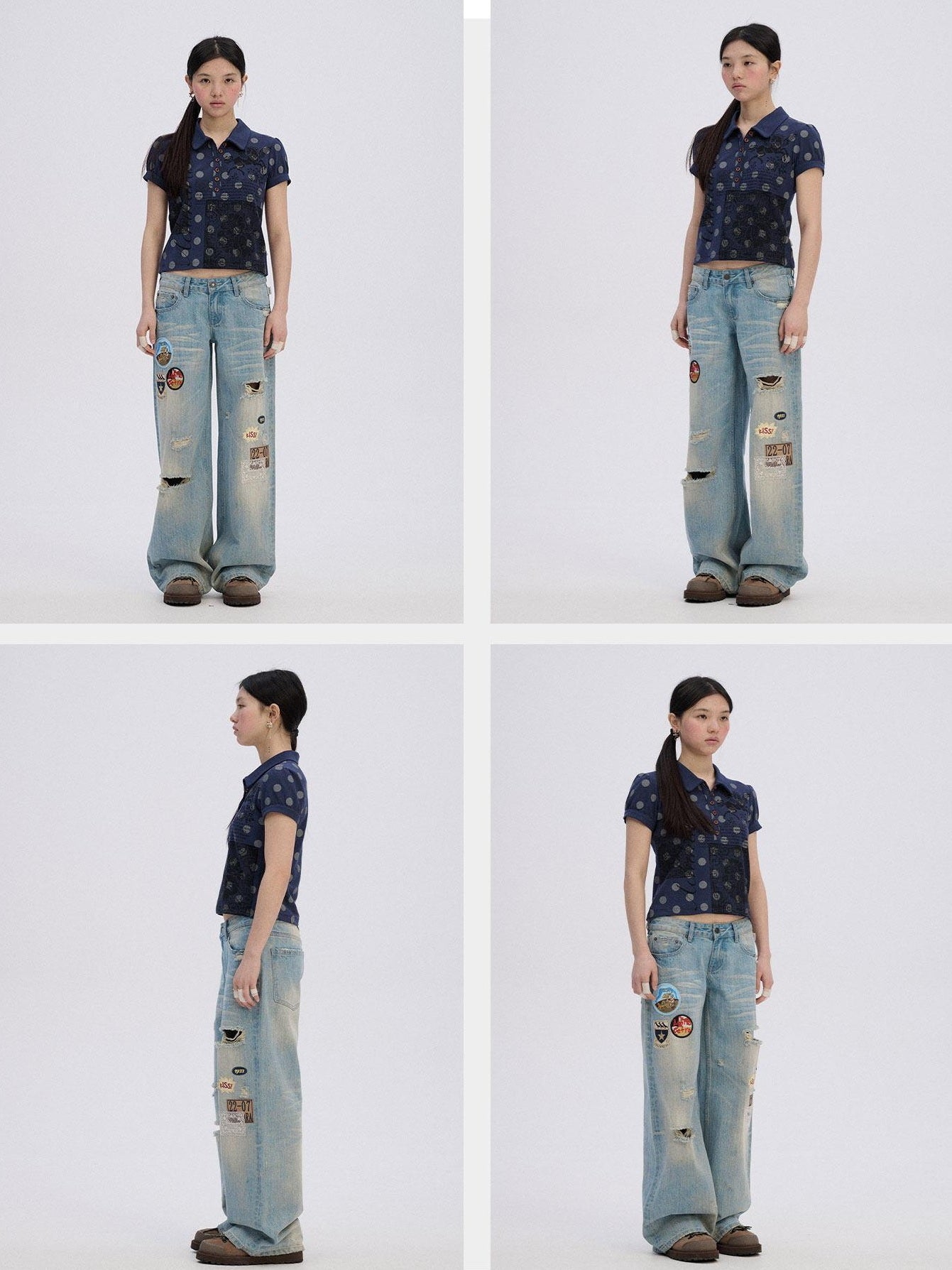 Achihara Printed Slim Polo Collar Casual Navy Cotton Blend Short Sleeve T-Shirts