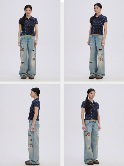 Achihara Printed Slim Polo Collar Casual Navy Cotton Blend Short Sleeve T-Shirts