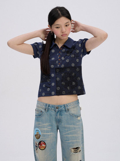 Achihara Printed Slim Polo Collar Casual Navy Cotton Blend Short Sleeve T-Shirts