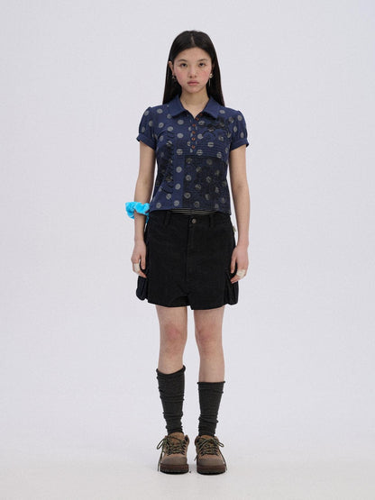 Achihara Printed Slim Polo Collar Casual Navy Cotton Blend Short Sleeve T-Shirts