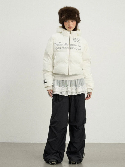 Puffy Quilted Winter Coat With German Print